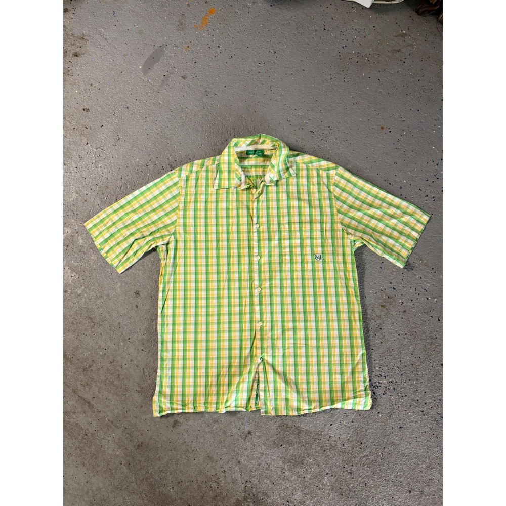 Rocawear Mens XL Short Sleeve Button Down Plaid Shirt Green Yellow Cotton Logo